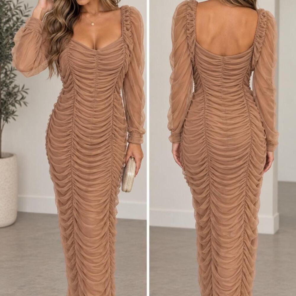 Fashion nova tan ruched mini